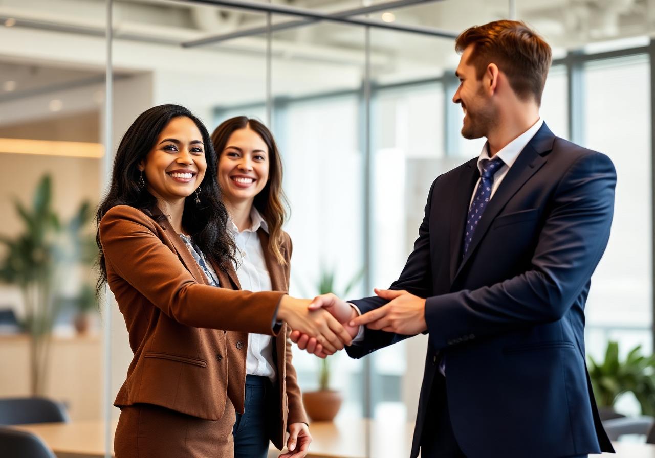 Job seeker and recruiter shaking hands after successful placement